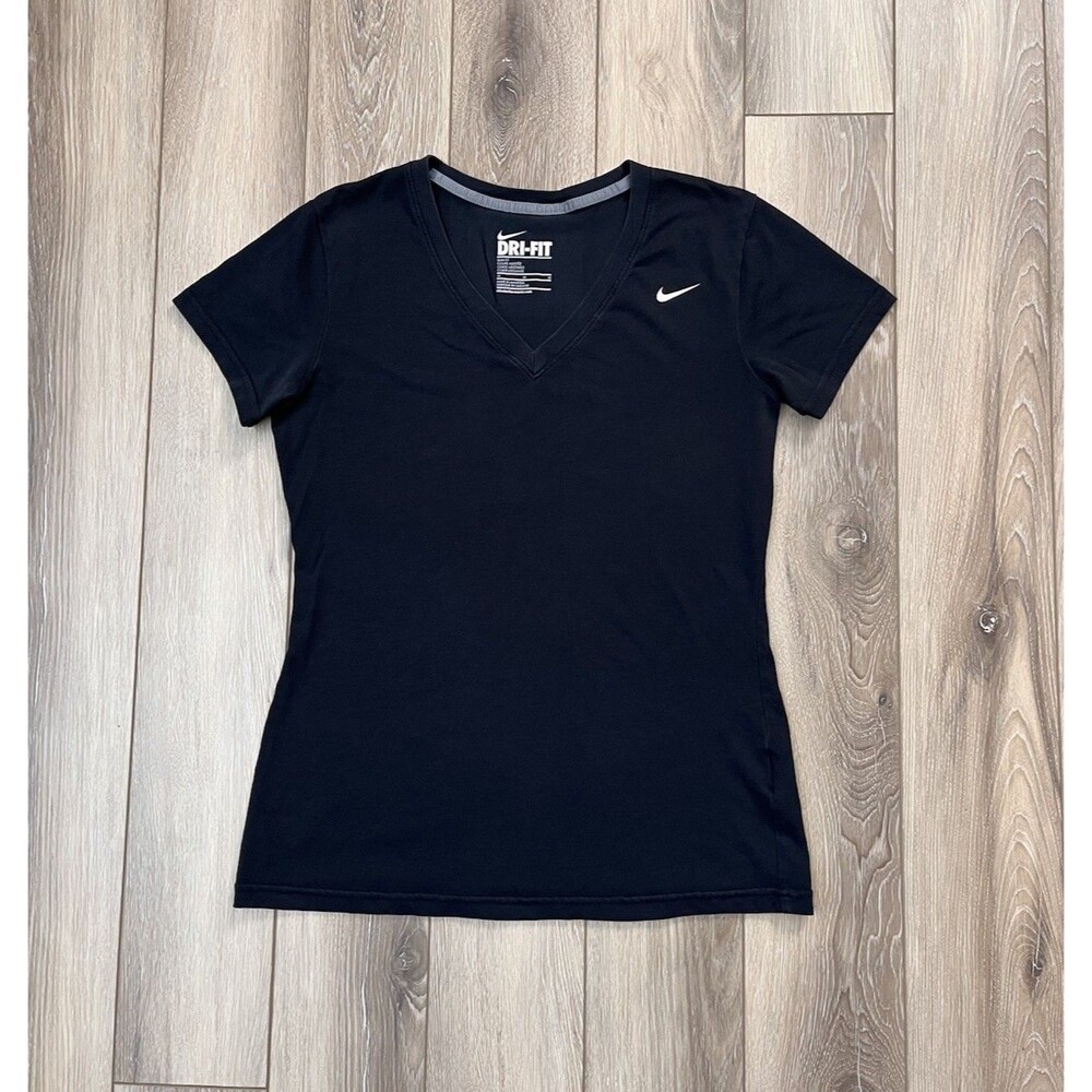 Nike Dri-FIT Womens Slim Fit V-Neck Short Sleeve Training Shirt Black Medium M